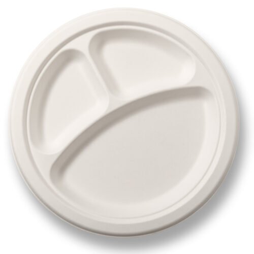 Bagasse Plate Round 3 Comp (254mm/10″) White 