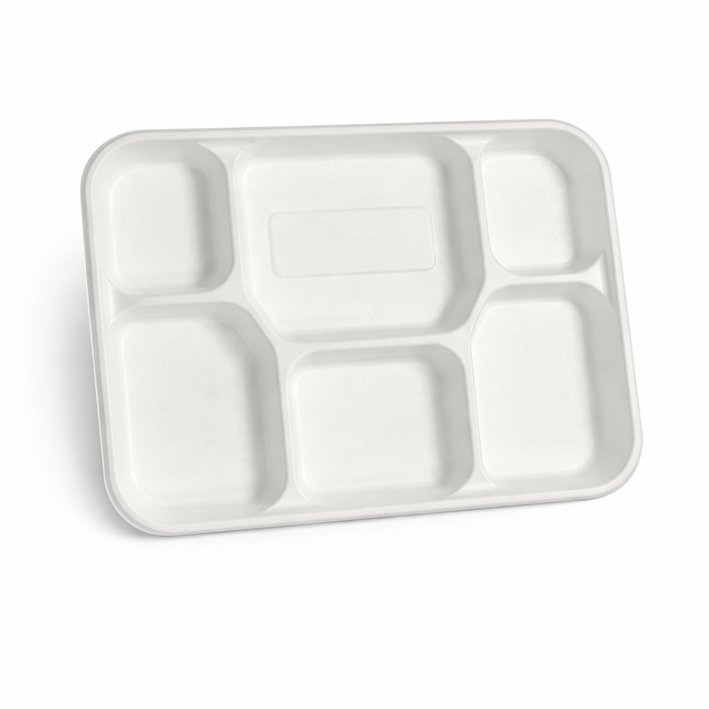 Bagasse Meal Tray 6 Comp (305x225x35mm/) White