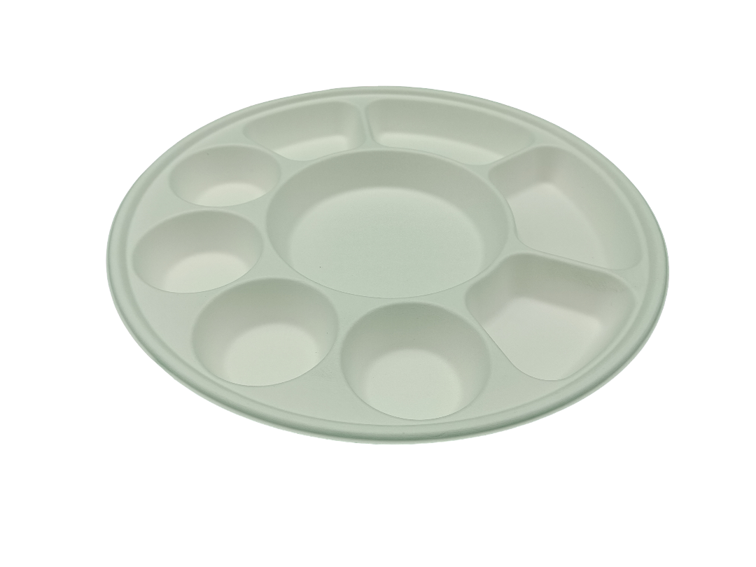Bagasse Meal Tray 9 Comp Round (315mm Dia) White