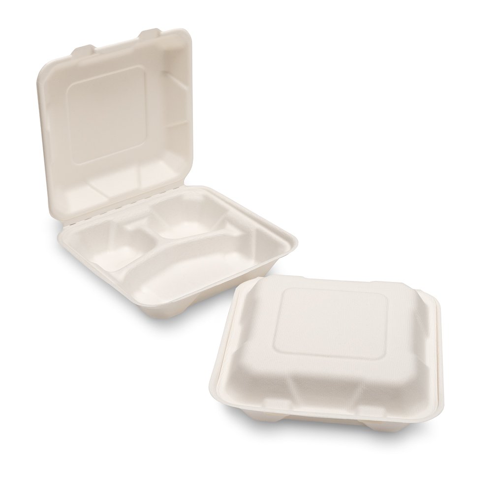 Bagasse Meal Box 3 Comp (205x205x68mm/8″) White